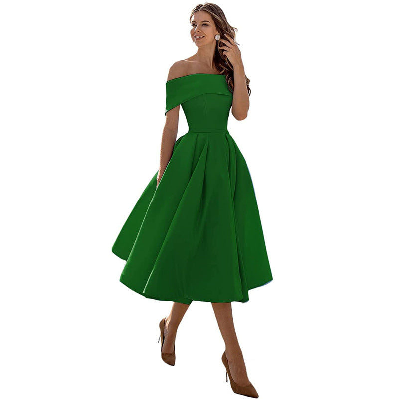 Ella - Elegant Women's Wedding Guest Dress with Off Shoulder Neckline and Full A-Line Skirt