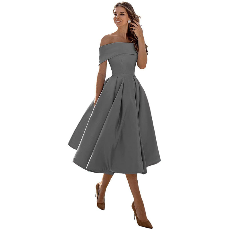 Ella - Elegant Women's Wedding Guest Dress with Off Shoulder Neckline and Full A-Line Skirt