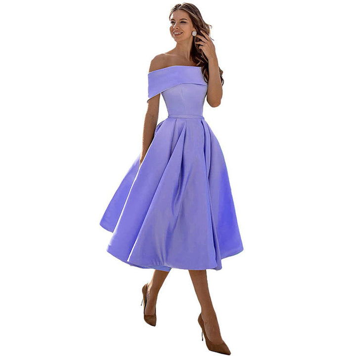 Ella - Elegant Women's Wedding Guest Dress with Off Shoulder Neckline and Full A-Line Skirt