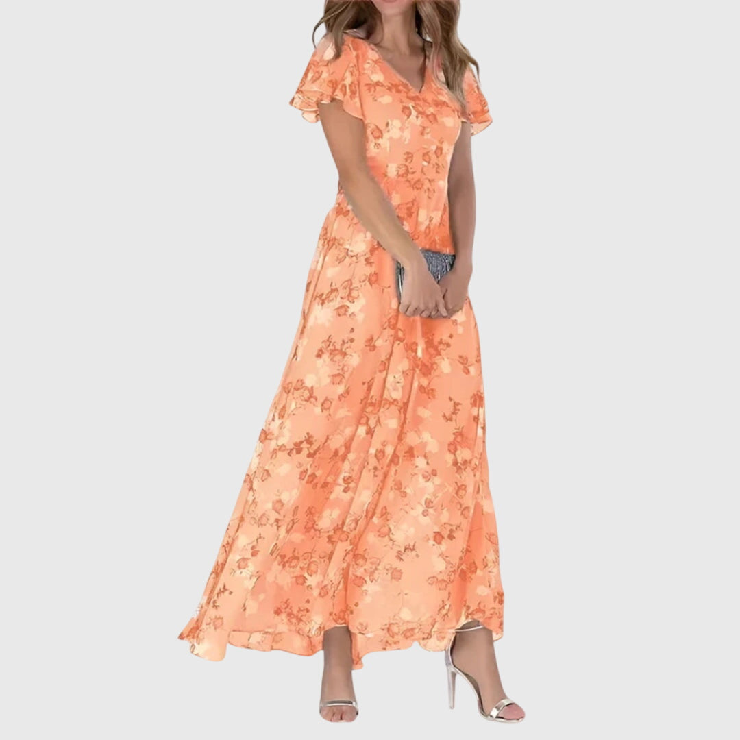 Ella - Flowy Women's Summer Maxi Dress with V-Neck and Ruffle Sleeves and Floral Print