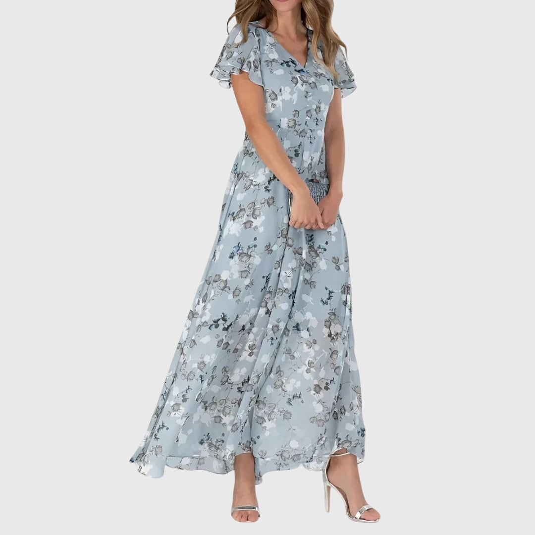 Ella - Flowy Women's Summer Maxi Dress with V-Neck and Ruffle Sleeves and Floral Print