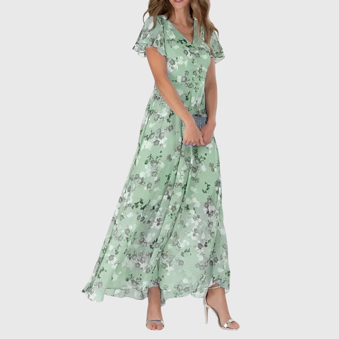 Ella - Flowy Women's Summer Maxi Dress with V-Neck and Ruffle Sleeves and Floral Print