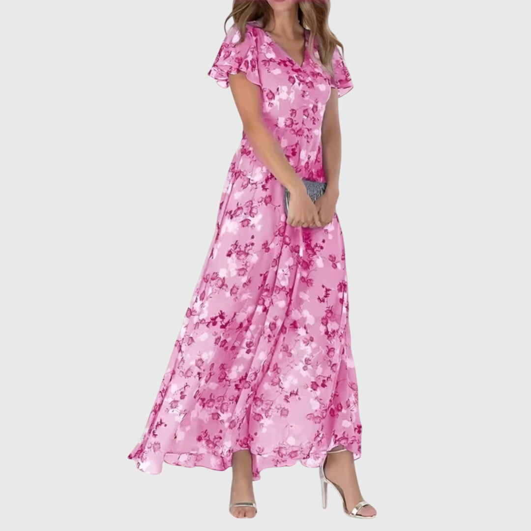 Ella - Flowy Women's Summer Maxi Dress with V-Neck and Ruffle Sleeves and Floral Print