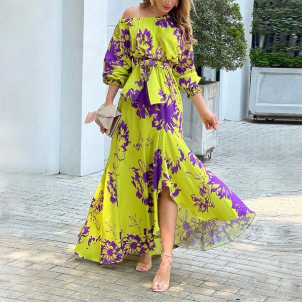 Ella - Flowy Women's Wedding Guest Maxi Dress with Off-Shoulder Neckline and Floral Print