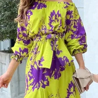 Ella - Flowy Women's Wedding Guest Maxi Dress with Off-Shoulder Neckline and Floral Print