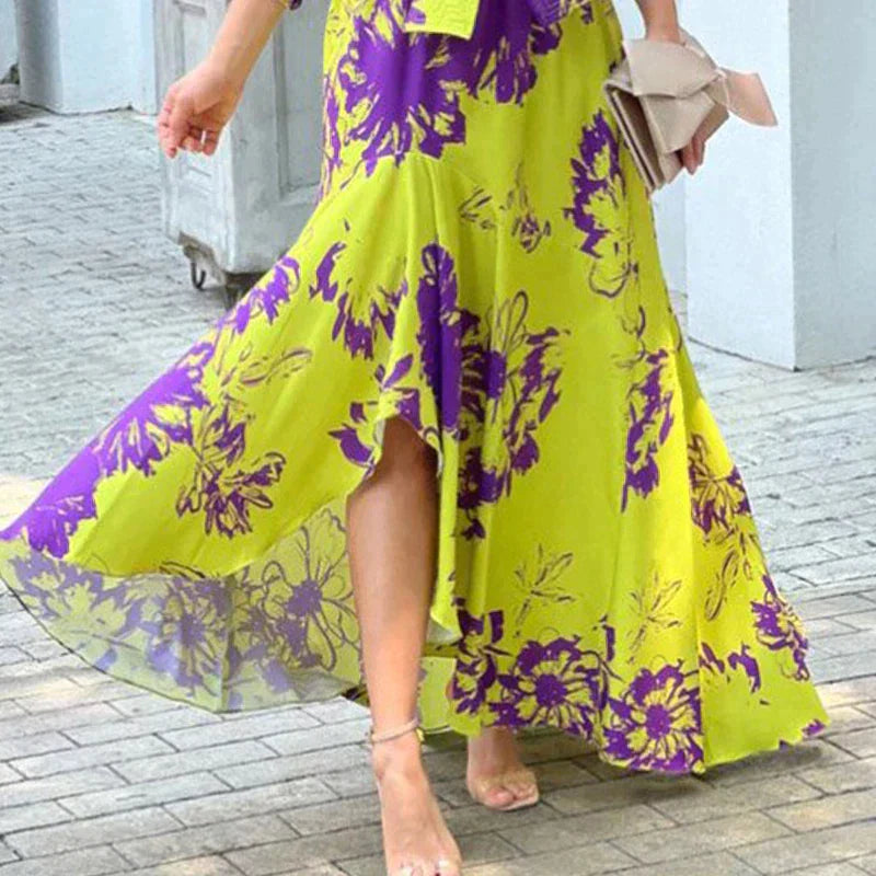 Ella - Flowy Women's Wedding Guest Maxi Dress with Off-Shoulder Neckline and Floral Print