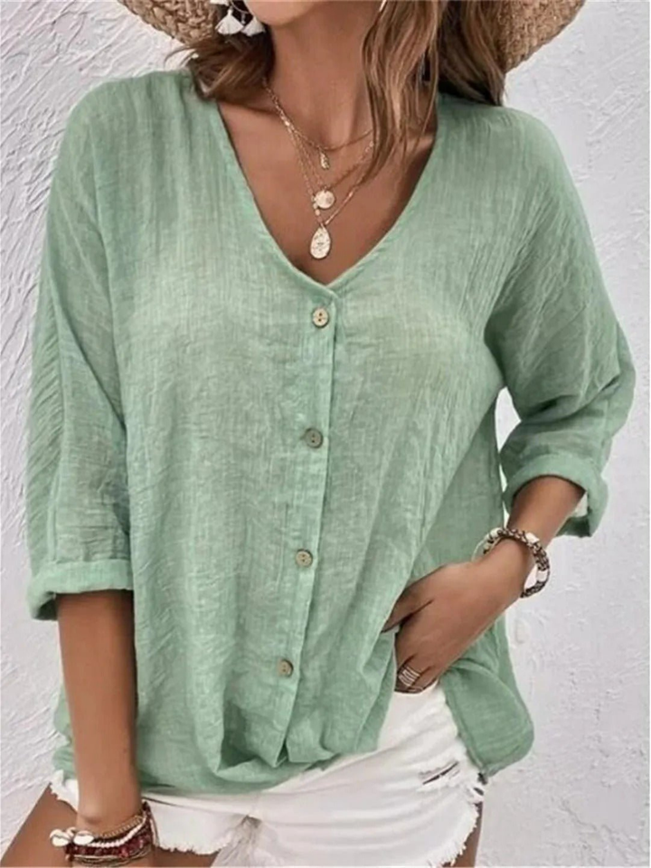 Ella - Relaxed Women's Linen Top with V-Neck and Button Front
