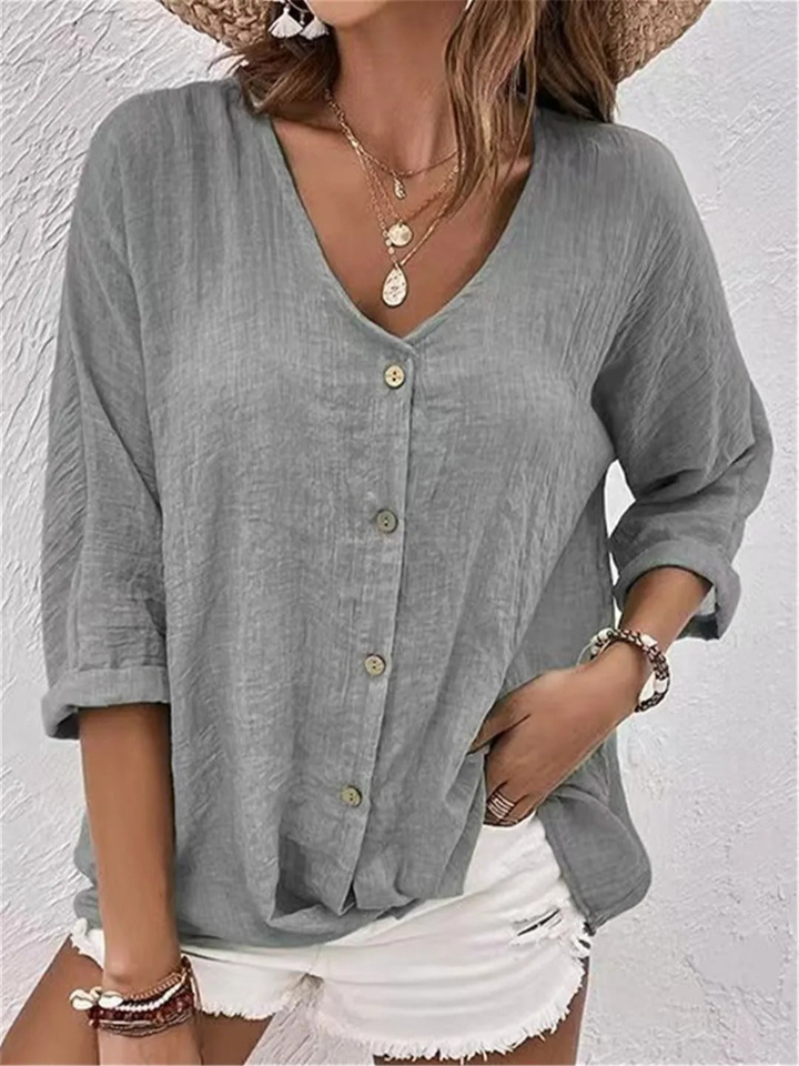 Ella - Relaxed Women's Linen Top with V-Neck and Button Front