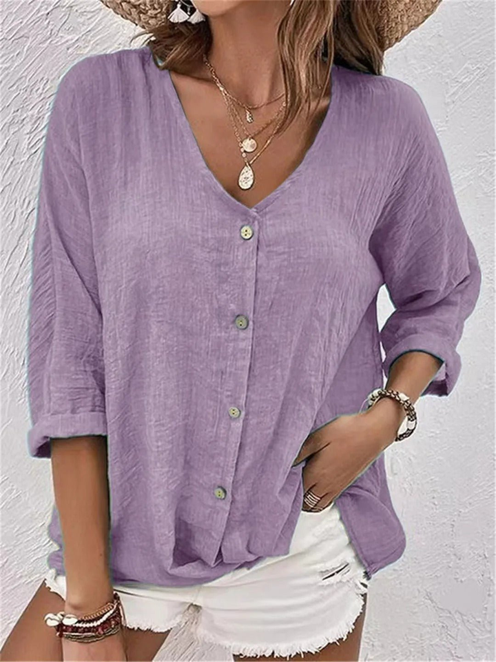 Ella - Relaxed Women's Linen Top with V-Neck and Button Front