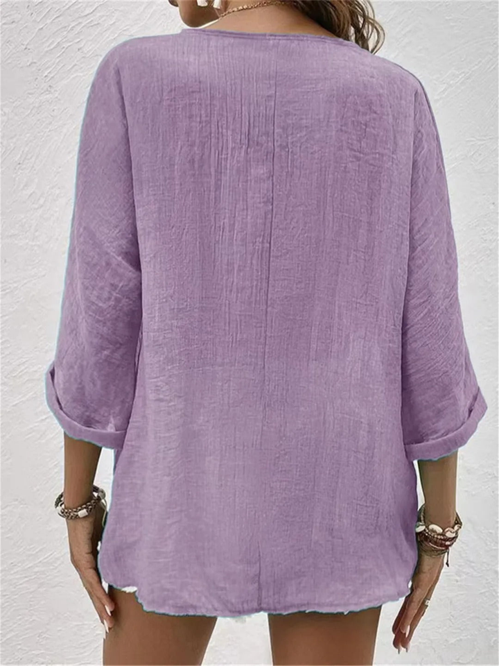 Ella - Relaxed Women's Linen Top with V-Neck and Button Front