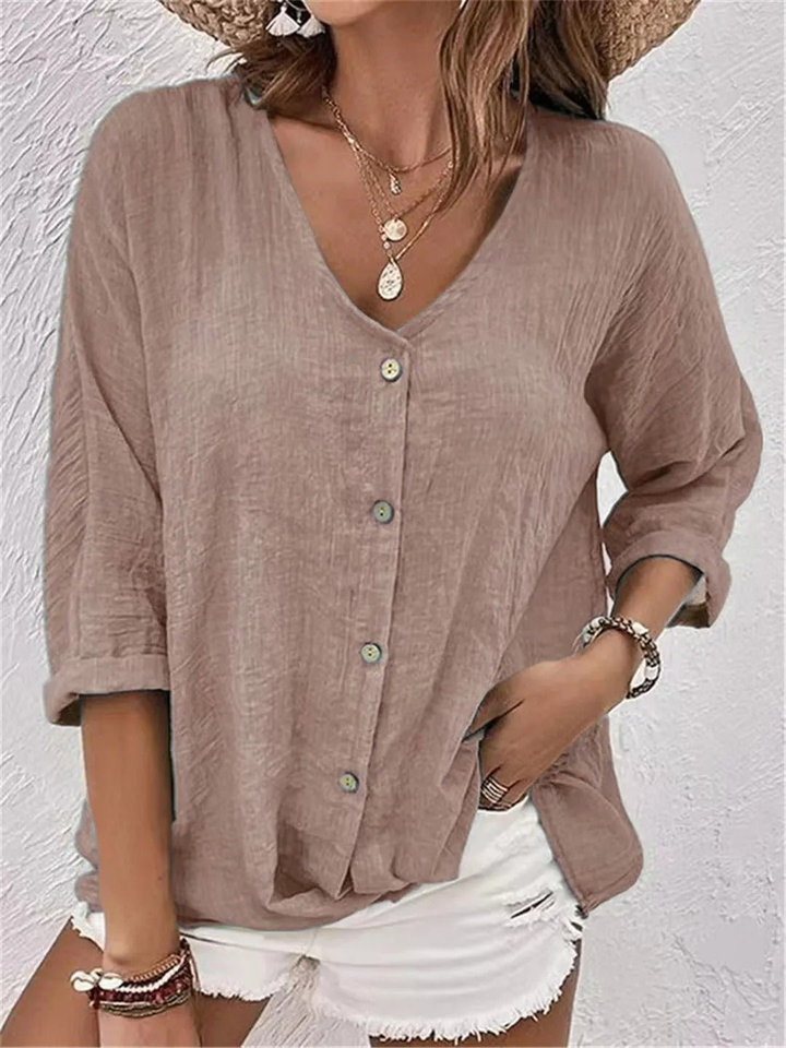 Ella - Relaxed Women's Linen Top with V-Neck and Button Front