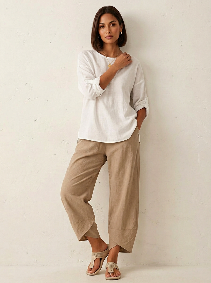 Ella - Relaxed Women's Linen Trousers with Tulip Hem and Cropped Length