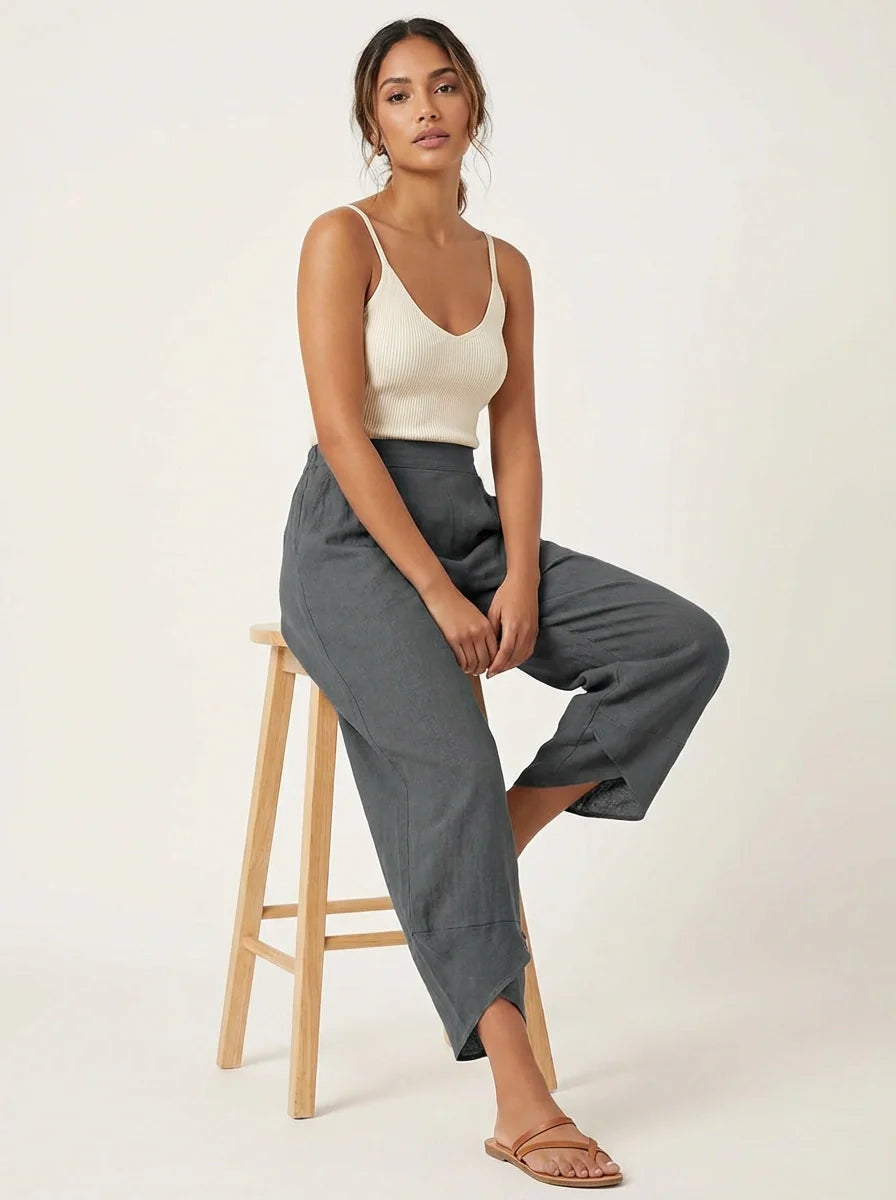 Ella - Relaxed Women's Linen Trousers with Tulip Hem and Cropped Length