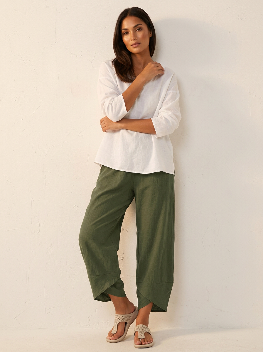 Ella - Relaxed Women's Linen Trousers with Tulip Hem and Cropped Length
