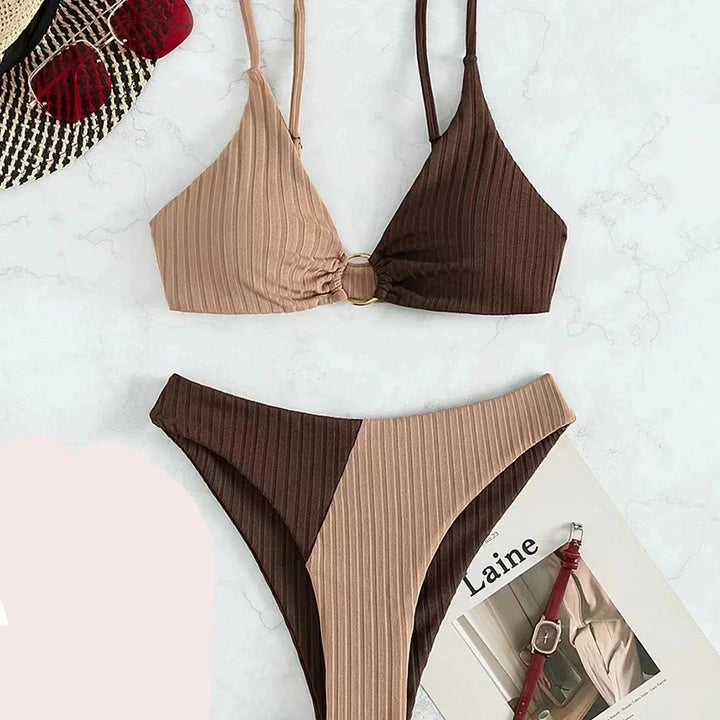 Ella - Trendy Women's Swimsuit Bikini Set with Colour Block Top and High Cut Bottoms