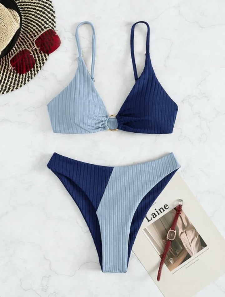 Ella - Trendy Women's Swimsuit Bikini Set with Colour Block Top and High Cut Bottoms