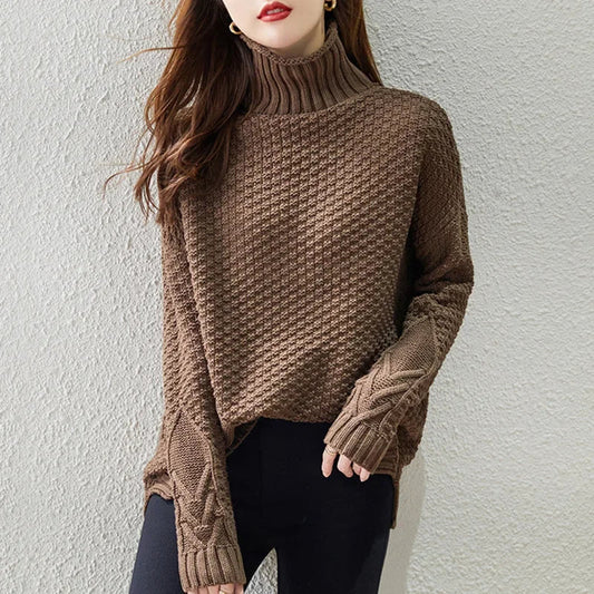 Ella - Women's Roll Neck Jumper with Cable Knit Sleeves and Asymmetric Hem