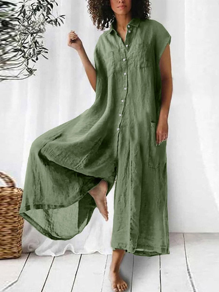 Ella - Vintage Women's Linen Jumpsuit with Collared Neckline and Flowing Wide Leg