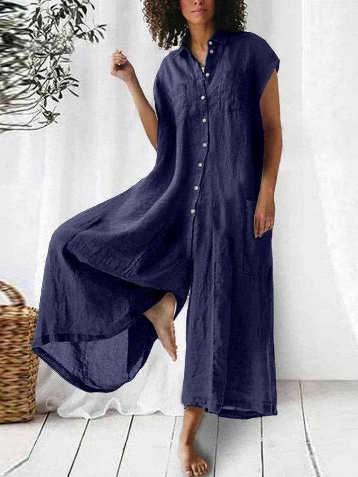 Ella - Vintage Women's Linen Jumpsuit with Collared Neckline and Flowing Wide Leg