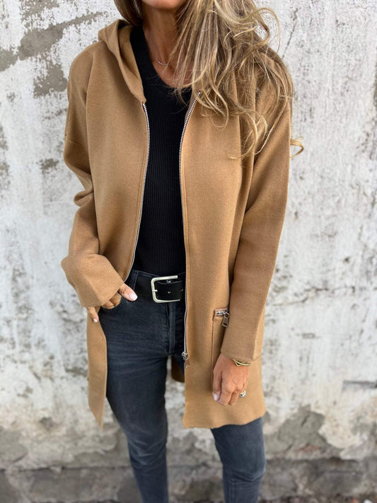 Ella - Women's Zip Hoodie Autumn Longline Knit with Front Pockets