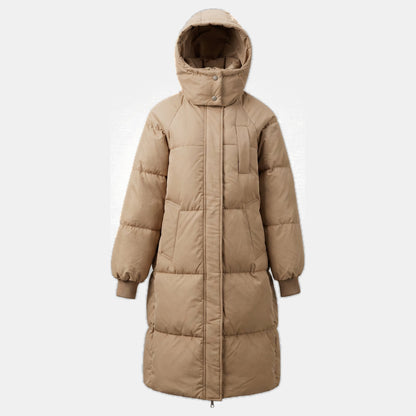 Ella - Women’s long quilted winter puffer coat with hood and high neck