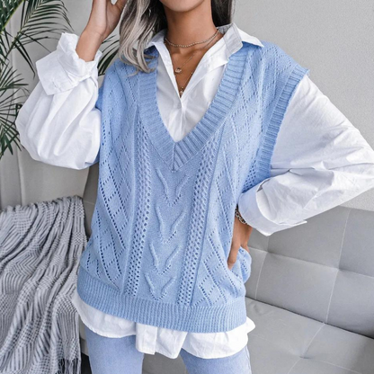 Ella - Women’s oversized knitted sweater vest with deep v neck
