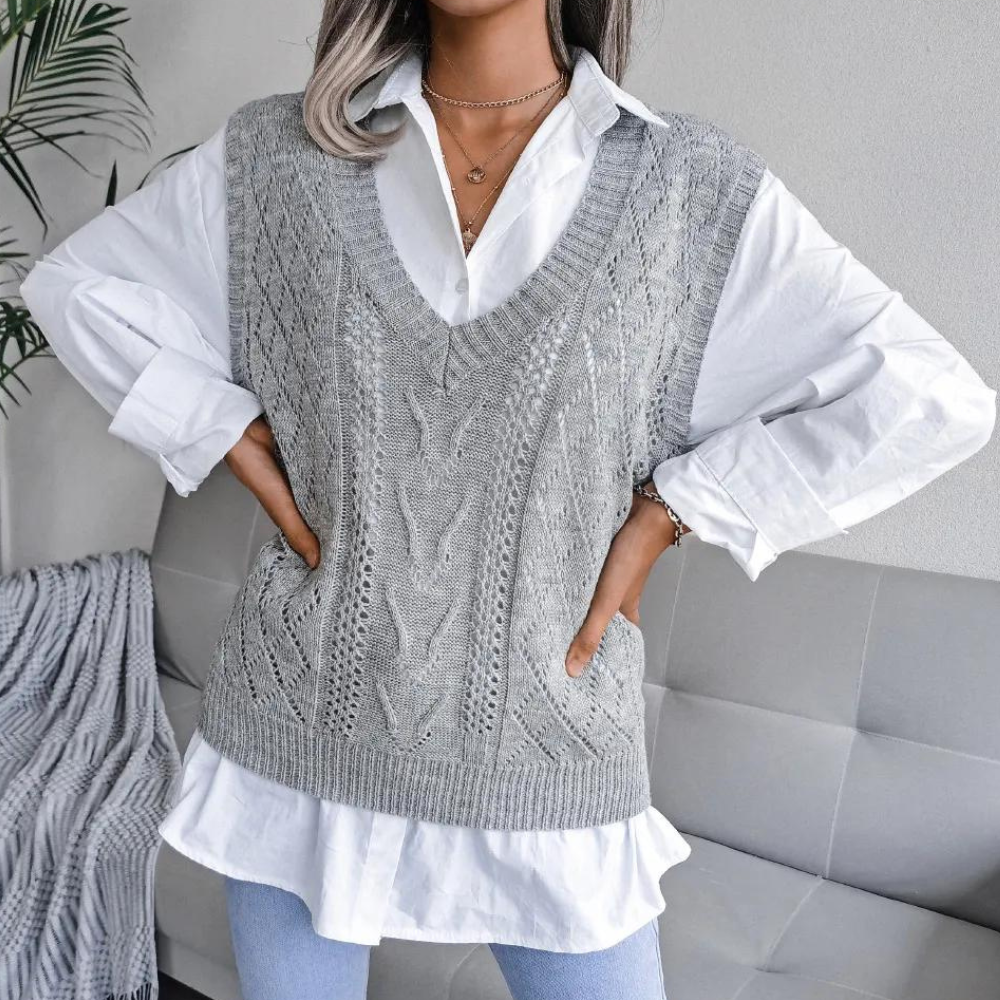 Ella - Women’s oversized knitted sweater vest with deep v neck