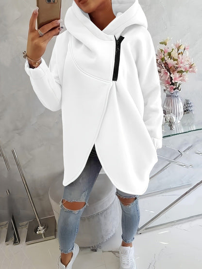 Ella - Women’s oversized warm longline hoodie with asymmetric zip front