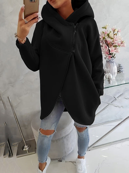 Ella - Women’s oversized warm longline hoodie with asymmetric zip front
