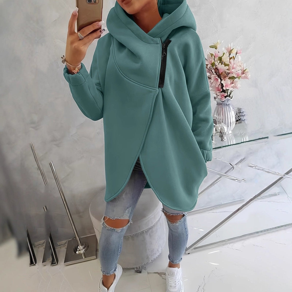 Ella - Women’s oversized warm longline hoodie with asymmetric zip front