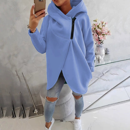 Ella - Women’s oversized warm longline hoodie with asymmetric zip front