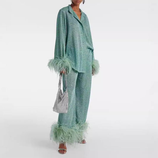 Ella - Women's sparkly Christmas matching co ord set with feather trim