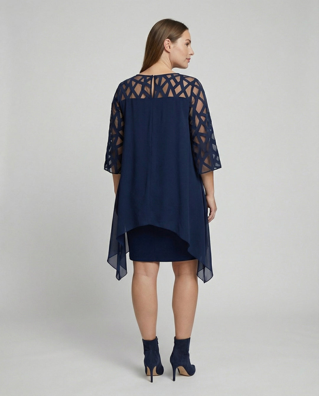 Charlotte - Elegant Plus Size Dress for Women with Sheer Cutwork Sleeves and Asymmetric Hem