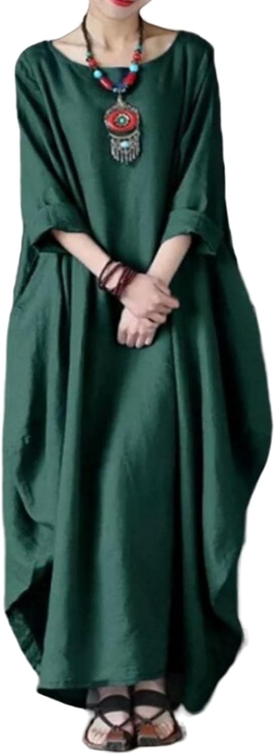 Emily - Boho Women's Linen Maxi Dress with Scoop Neck and Batwing Sleeves