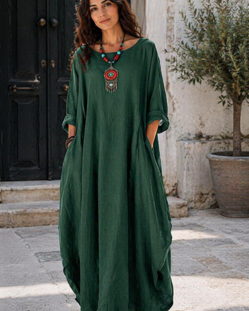 Emily - Boho Women's Linen Maxi Dress with Scoop Neck and Batwing Sleeves