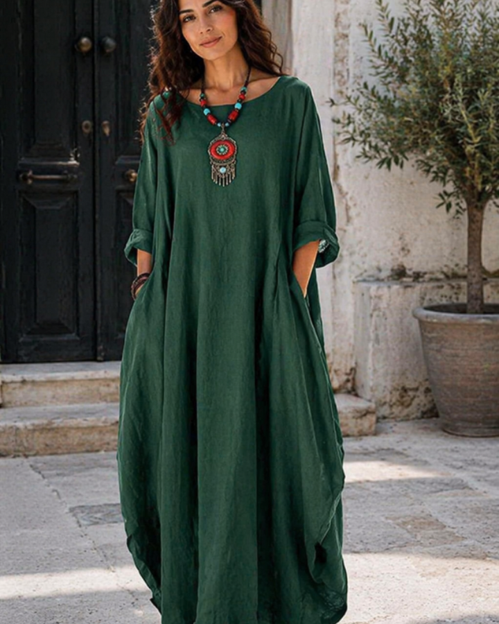 Emily - Boho Women's Linen Maxi Dress with Scoop Neck and Batwing Sleeves