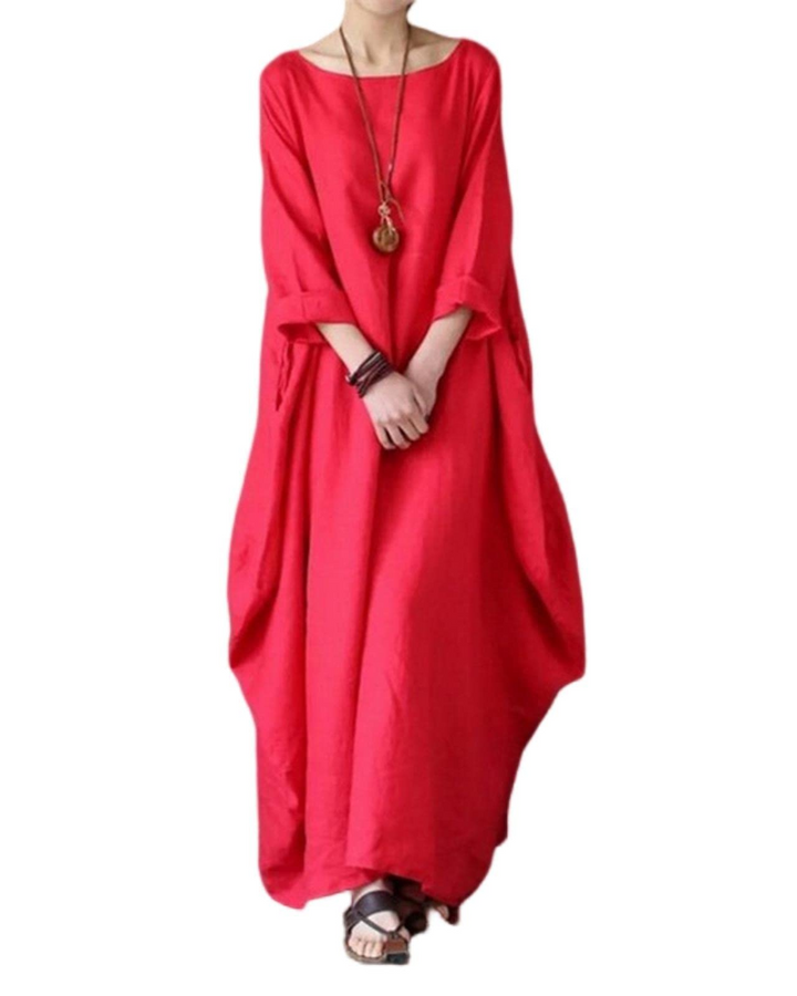 Emily - Boho Women's Linen Maxi Dress with Scoop Neck and Batwing Sleeves