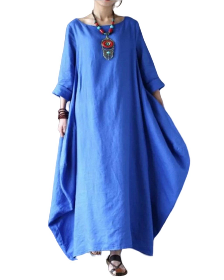 Emily - Boho Women's Linen Maxi Dress with Scoop Neck and Batwing Sleeves