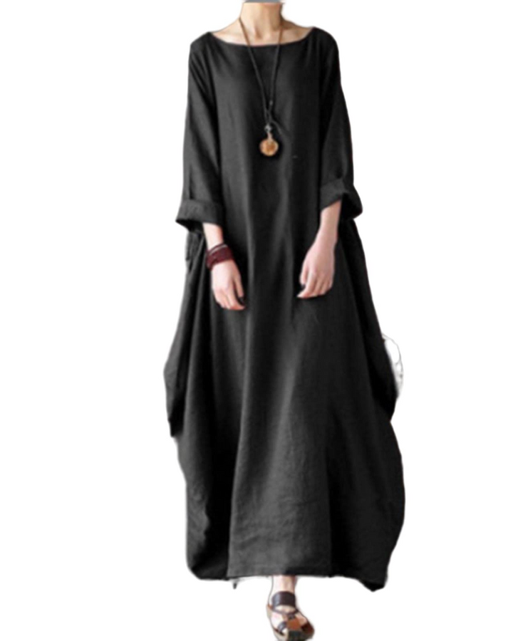 Emily - Boho Women's Linen Maxi Dress with Scoop Neck and Batwing Sleeves