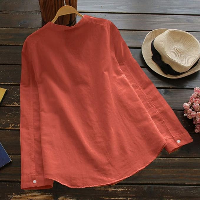 Emily - Casual Women's Linen Blouse with Long Sleeves and V Neck Chest Pocket