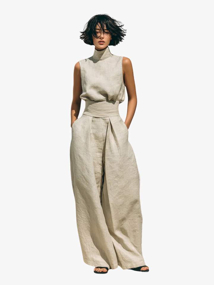 Emily - Casual Women's Linen Set with Sleeveless Top and Maxi Skirt