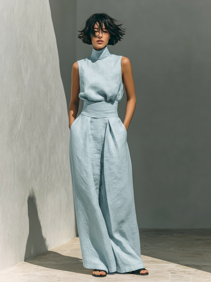 Emily - Casual Women's Linen Set with Sleeveless Top and Maxi Skirt