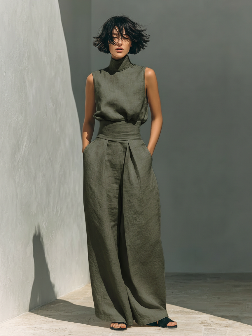Emily - Casual Women's Linen Set with Sleeveless Top and Maxi Skirt