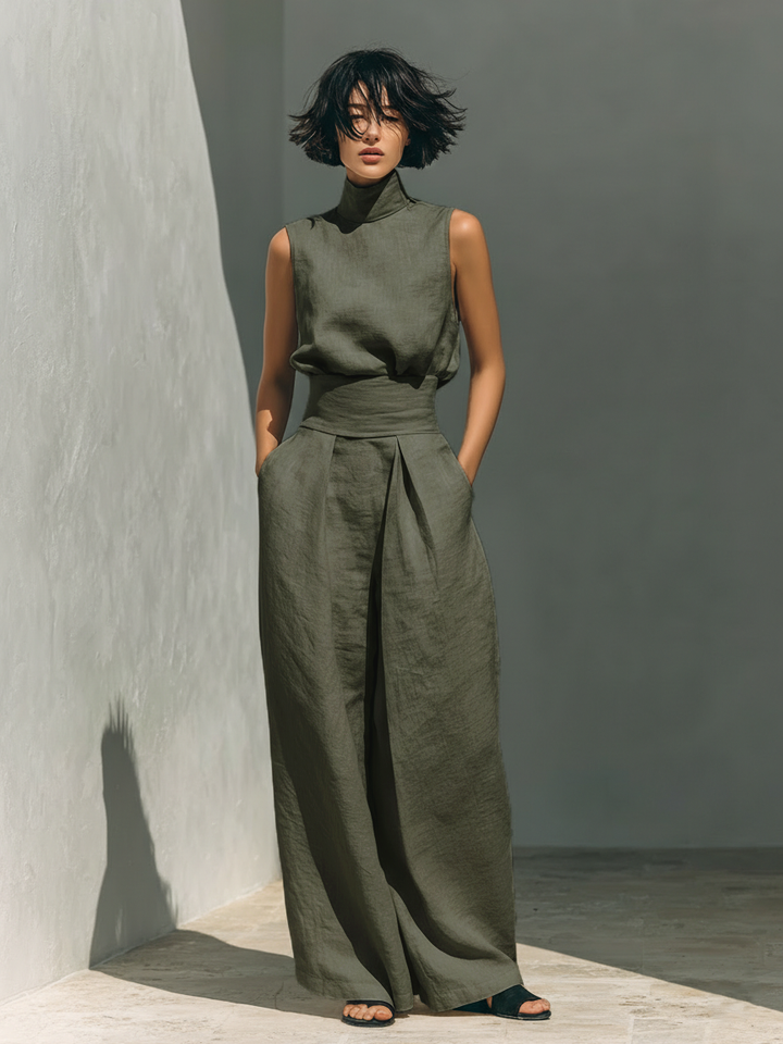 Emily - Casual Women's Linen Set with Sleeveless Top and Maxi Skirt