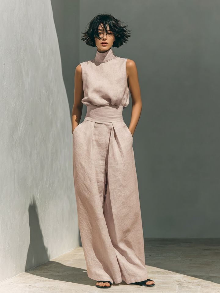 Emily - Casual Women's Linen Set with Sleeveless Top and Maxi Skirt