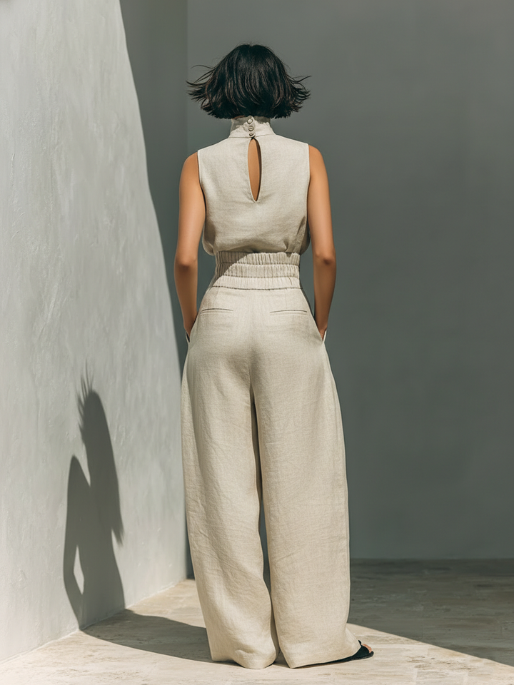 Emily - Casual Women's Linen Set with Sleeveless Top and Maxi Skirt