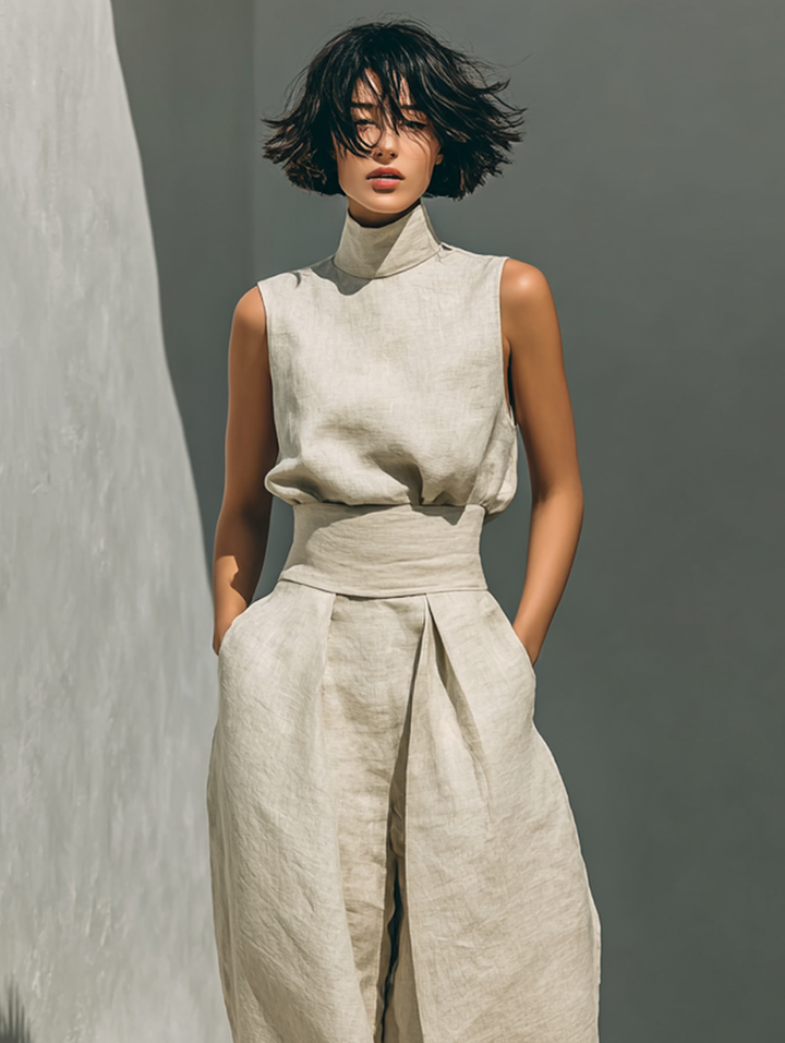 Emily - Casual Women's Linen Set with Sleeveless Top and Maxi Skirt