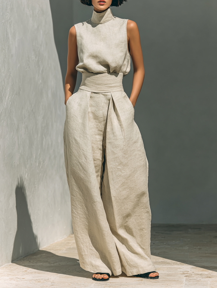 Emily - Casual Women's Linen Set with Sleeveless Top and Maxi Skirt