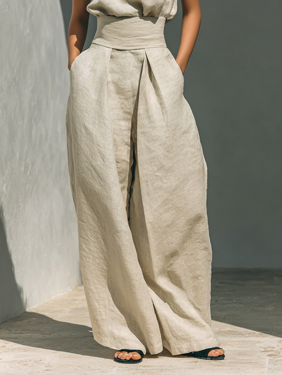 Emily - Casual Women's Linen Set with Sleeveless Top and Maxi Skirt