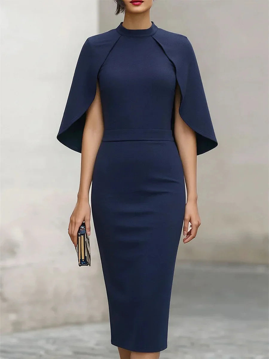 Emily - Elegant Women's Fall Wedding Guest Midi Dress with Cape Sleeves